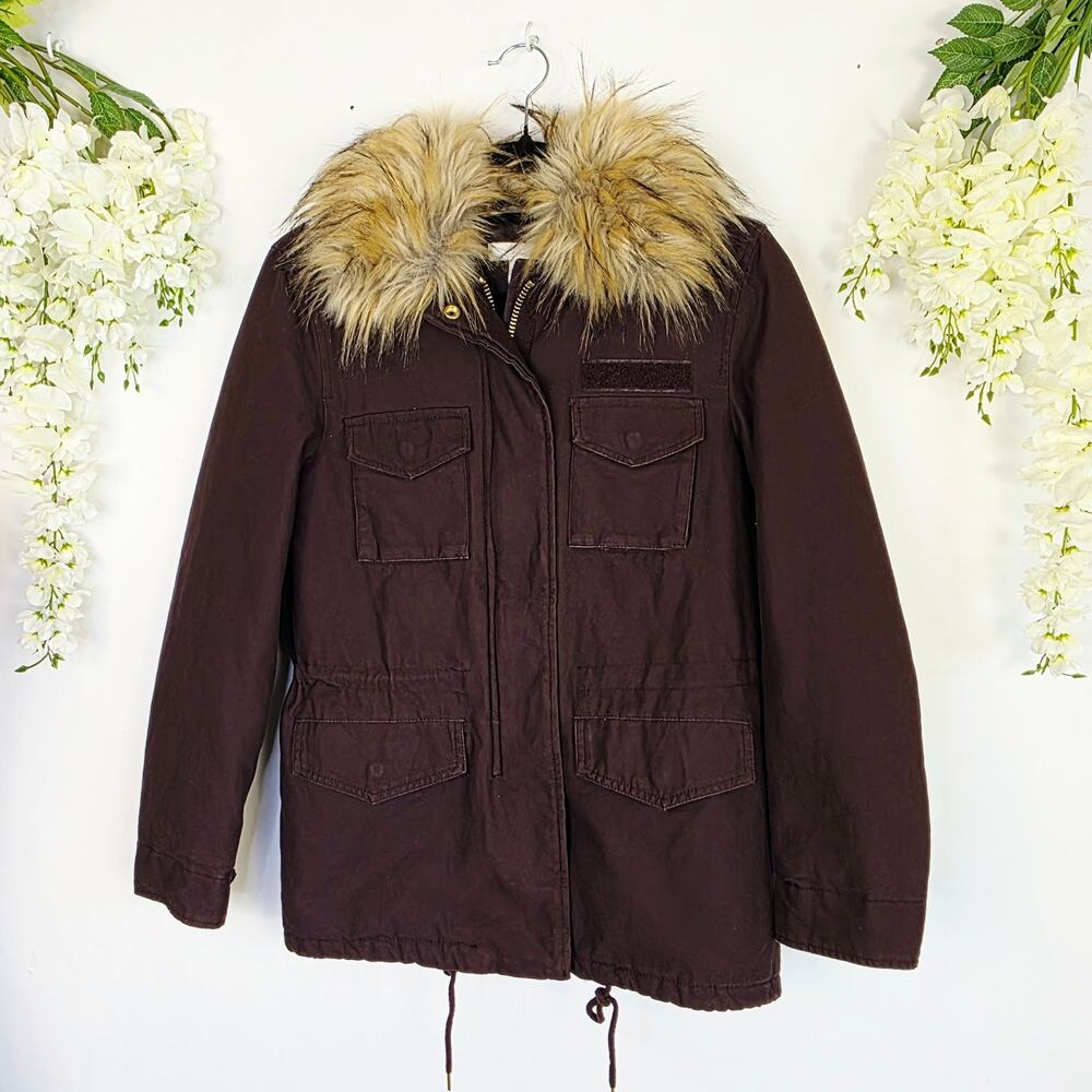 H&M Utility Coat Jacket Size 0 Burgundy Removeable Faux Fur Trim Anorak Military - Picture 2 of 12